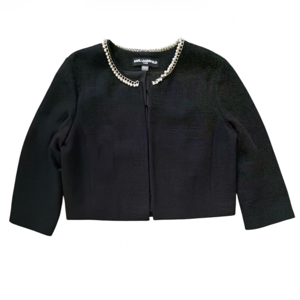 Karl Lagerfeld Paris Black Tweed Cropped Jacket Pearl Chain Trim Womens XL